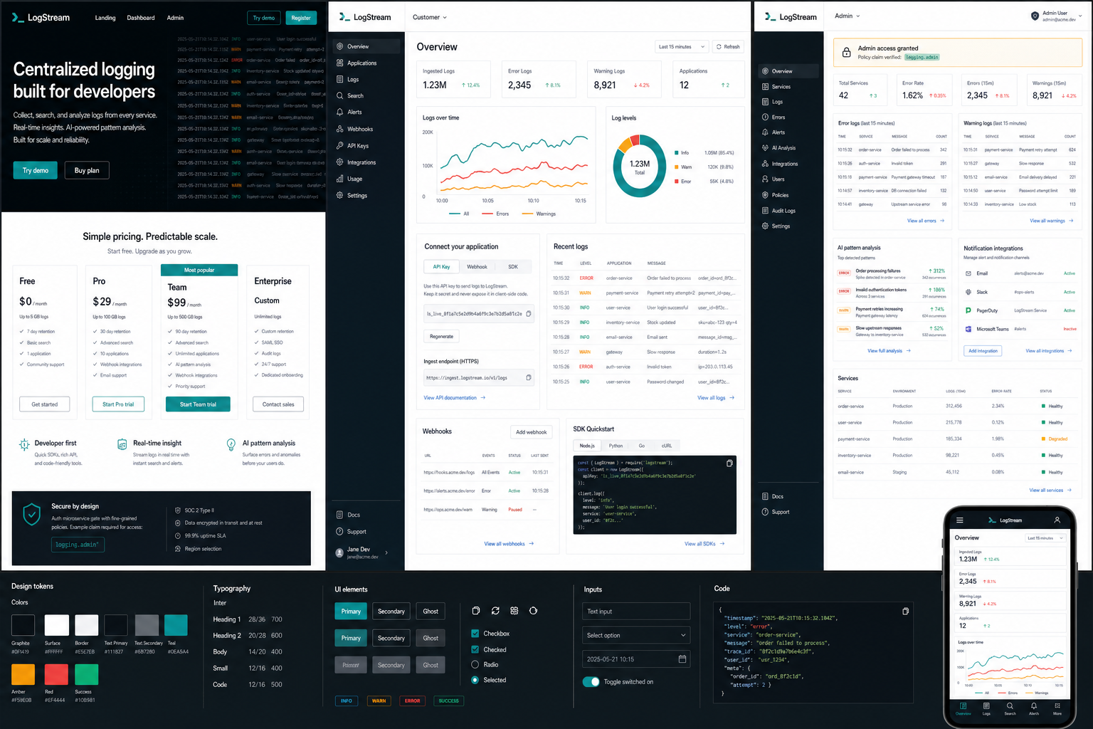 LogStream landing, customer dashboard, and admin panel preview
